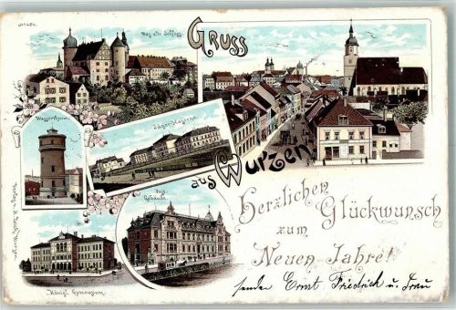 04808 O7250 Wurzen 1905 Lithographie Altes Schloß Post Kgl. Gymnasium Wasserturm Neujahreskarte