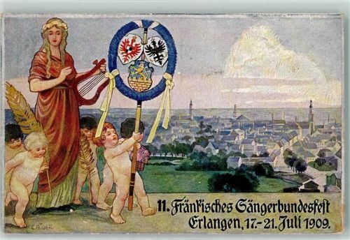 Erlangen Fränkisches Sängerbundesfest Juli 1909 Wappen sign C. Rüger