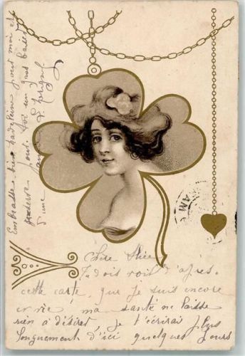 1904 Frau mit freizügigem Dekolleté in einem Kleeblatt Herz Jugendstil