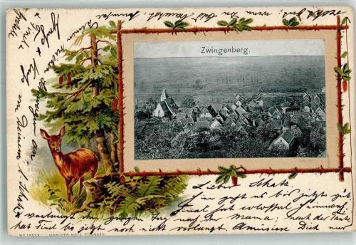 64673 W6144 Zwingenberg , Bergstr 1903 Prägedruck Reh Hase Passepartout