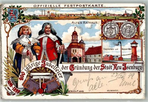 Neu-Isenburg 1899 Altes Rathaus Elektrizitätswerk Wasserturm 200 jährige Jubelfeier Lithographie