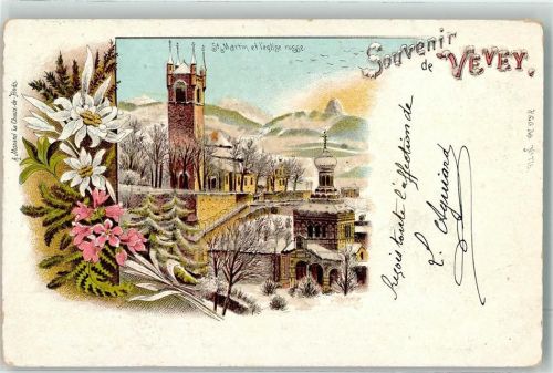 Vevey 1898 Gruss aus mit Glimmerauflage Russische Kirche