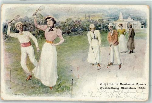 W8000 München Allg. Deutsche Sport Ausstellung sign. Bachrach Tennis 1899 Gebrauchsspuren