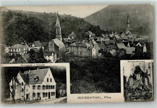 67475 W6739 Weidenthal , Pfalz 1915 - Kriegerdenkmal Gasthaus Schmitt Ev. und Kath. Stadtkirche