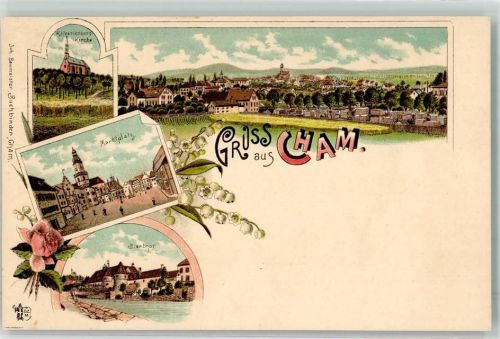 93413 W8490 Cham , Oberpf Lithographie Kalvarienberg Kirche Marktplatz Biertor