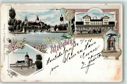 Merseburg 1898 Schloß Neues Ständehaus Rabenhaus Bahnhof Bahnpost Berlin-Eisenach Lithographie