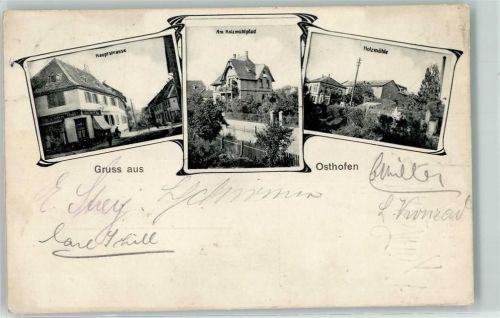 67574 W6522 Osthofen , Rheinhess 1909 - Hauptstraße am Holzmühlpfad Holzmühle