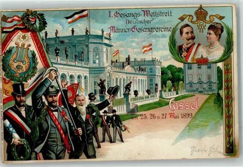 34117 W3500 Kassel , Hess 1899 Lithographie 1. Gesangs-Wettstreit Deutscher Männer-Gesangsvereine 1899 Fahnenträger Kaiserpaar