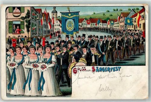 Rannersberg 1909 Sängerfest Festzug Musikkapelle Blumenmädchen Ort lt. Stempel