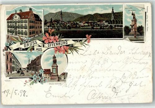 77652 W7600 Offenburg 1898 Lithographie Bahnhofstraße Drake Denkmal Kriegerdenkmal Rathaus