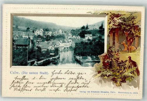 Calw 1902 Passepartout Untere Stadt Nagold Rehbock Rebhuhn