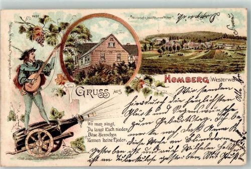 Homberg 1907 Gasthaus Thomas Wwe.Barde Sektkanone Liedtext Bahnpoststempel