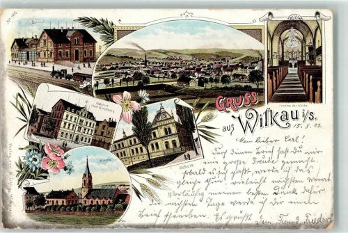 08112 O9533 Wilkau-Haßlau 1902 Lithographie Bahnhof Gasthaus Stadt Kirchberg Kirche Kircheninneres