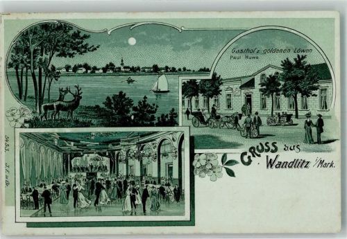 16348 O1292 Wandlitz 1909 Lithographie Wandlitzer-See Hirsche Gasthaus zum goldenen Löwen Ballsaal