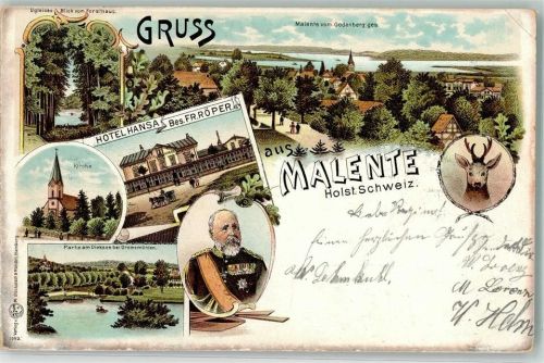 Malente 1899 Hotel Hansa Hirschkopf Kirche Regentenportrait Lithographie