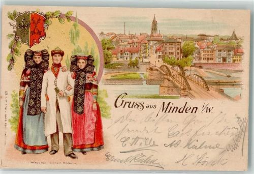 Minden 1899 Volkstrachten Weserbrücke