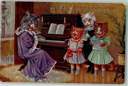 1910 Kommt a Vogerl geflogen Katzen Klavier Gesang Tiere vermenschlicht TSN Serie 1012