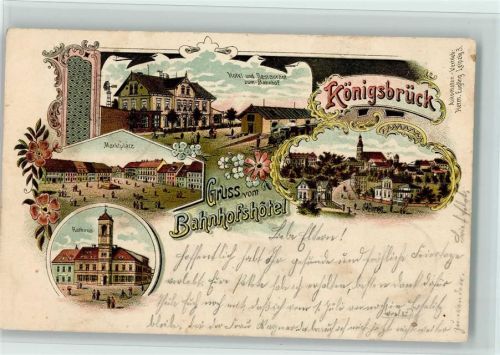 Königsbrück 1904 Gruss aus - Hotel, Bahnhof mit Eisenbahn, Rathaus, gute Erhaltung AK
