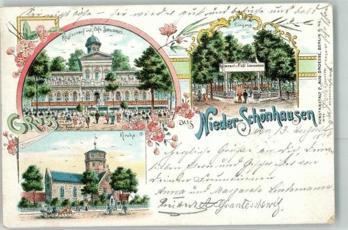 Pankow 1899 Gasthaus Cafe Sanssouci Eingang Kirche Kutsche Fahrrad Nieder Schönhausen Blumen