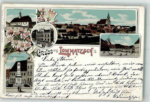 Lommatzsch 1900 Kgl. Amtsgericht Kriegerdenkmal Rathaus Markt Gasthaus Goldenes Fass Lithographie Bahnpost Riesa-Freiburg Zg. 1172