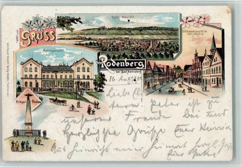 Rodenberg 1900 Gruss aus - Amtsgericht, Kriegerdenkmal, Straße AK