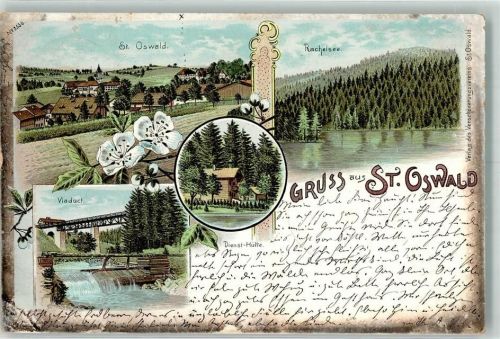 94566 W8351 St. Oswald , Niederbay 1900 Lithographie Rachelsee Viadukt Dienst-Hütte
