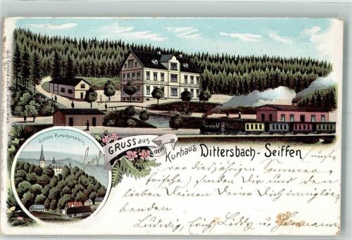09544 O9336 Dittersbach b Olbernhau 1900 Lithographie Schloß Purschenstein Kurhaus Dittersbach-Seiffen Bahnpost Neuhausen Zug 1326