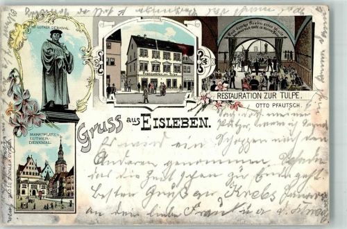 06295 O4250 Lutherstadt Eisleben Gebrauchsspuren Luther-Denkmal Marktplatz Gasthaus zur Tulpe Lithographie