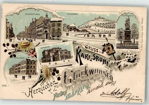 Karlsruhe 1896 Kaiserstraße Lauterberg Kriegerdenkmal Hoftheater Polytechnikum Glückwunsch Neujahr