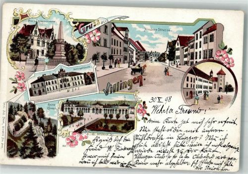 78048 W7730 Villingen -Schwenningen 1898 Gebrauchsspuren Lithographie Amtsgebäude Ruine Kürneck Bahnhof Niedere Straße Kloster