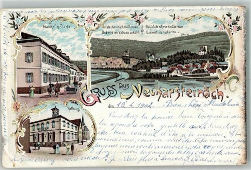 69239 W6918 Neckarsteinach 1902 Lithographie Gasthaus zur Harfe Rathaus