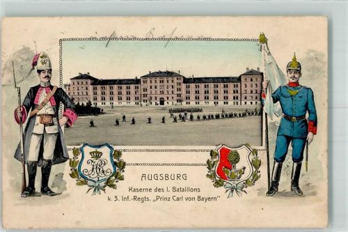 Augsburg 1908 Kaserne des I. Bataillons 3. Inf. Reg. Prinz Carl von Bayern Uniform alt und zeitgenössig Verlag J.J. Brack