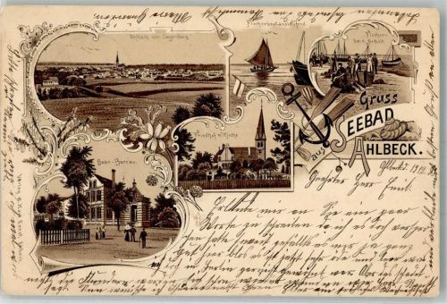 17419 O2252 Seebad Ahlbeck 1899 Lithographie Fischerboot Strand Bade-Büro Ahlbecker Kirche