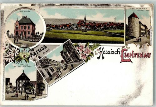 37235 W3436 Hessisch Lichtenau Lithographie Rathaus Linde Dorfbrunnen Neue Schule Turm am Obertor