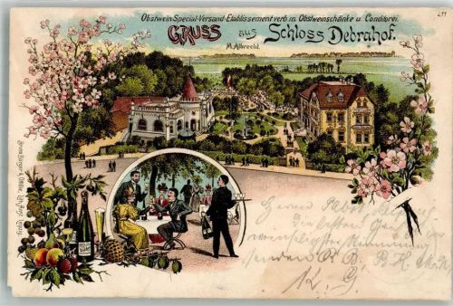 Leipzig 1898 Lithographie Gasthaus Schloss Debrahof Obstweinschänke Gartenwirtschaft Ecke ab