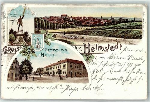 Helmstedt 1898 Petzold's Hotel Kriegerdenkmal Wappen