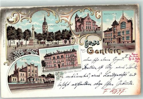 39307 O3280 Genthin 1897 Lithographie Marktplatz Kirche Mädchenschule Bahnhof Kgl. Lehrer Seminar
