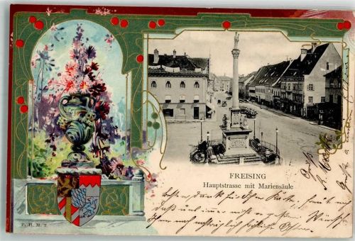 Freising 1905 Passepartout Wappen Hauptstraße Mariensäule Blumenvase