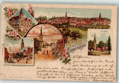 06526 O4700 Sangerhausen 1899 Lithographie Markt Jacobikirche Kreishaus Ulrichsplatz Marienkirche Bahnpost Halle