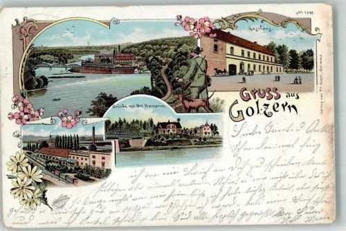 Golzern 1899 Gasthaus Bahnhof Eisenbahnbrücke Förster Jagdhund