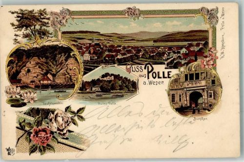 37647 W3453 Polle , Weser Lithographie Teufelsmühle Ruine Potte Burgtor