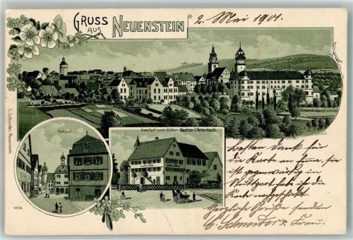 Neuenstein 1901 Lithographie Rathaus Gasthaus zum Ritter