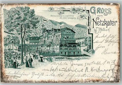 Ilfeld 1902 Lithographie Gasthaus zum Netzkater Bahnpost Nordhaus-Weringerode Erh.- II Mittelbug u. Stauchung