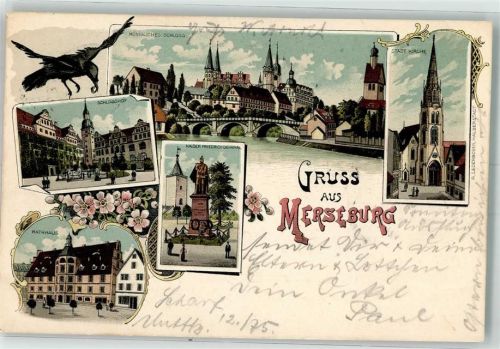 06217 O4200 Merseburg 1903 Lithographie Kgl. Schloss Stadtkirche Schlosshof Kaiser Friedrich Denkmal Rathaus Rabe