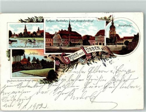 15907 O7550 Lübben 1902 Lithographie Rathaus "Marktplatz" Siegesdenkmal Hauptkirche Schloß Bahnpost -Spremberg Zg. 768
