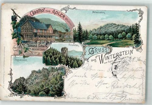 99891 O5801 Winterstein , Thüringerw 1902 Gebrauchsspuren Lithographie Gasthaus zum Adler Meisenstein Treppenstein Kilianstein