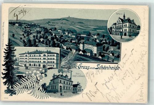 Schönheide 1900 Ost E-Werk Centralschule Rathaus Lithographie