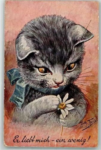 Katze vermenschlicht Blüten zupfen Er liebt mich .... Thiele, Arthur 1908 Künstlerkarte
