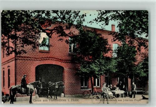 Heidmühlen 1917 Gasthaus Pieper Pferde Hund Fahrräder Bahnpost Hagenow-Neumünster Zg. 1303