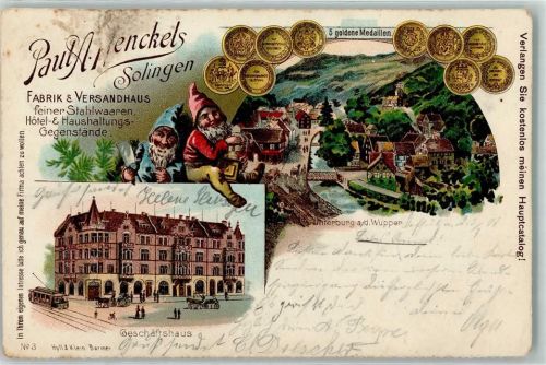 Solingen 1900 Unterburg Paul Arteneckels Fabrik und Versandhaus Geschäftshaus Straßenbahn Zwerge 5 goldene Medaillen Lithographie